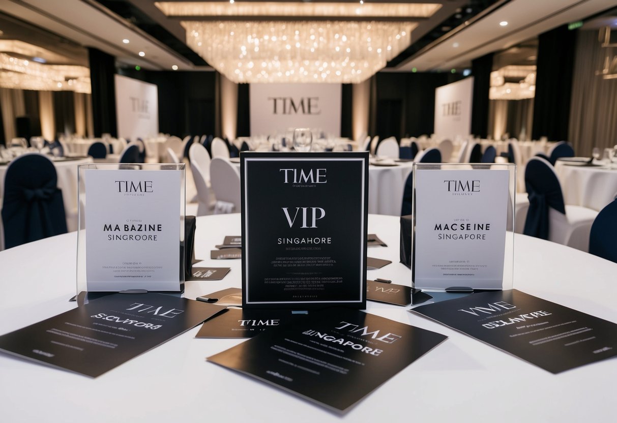 A luxurious event venue in Singapore adorned with Time Magazine branding and VIP invitations scattered on a table