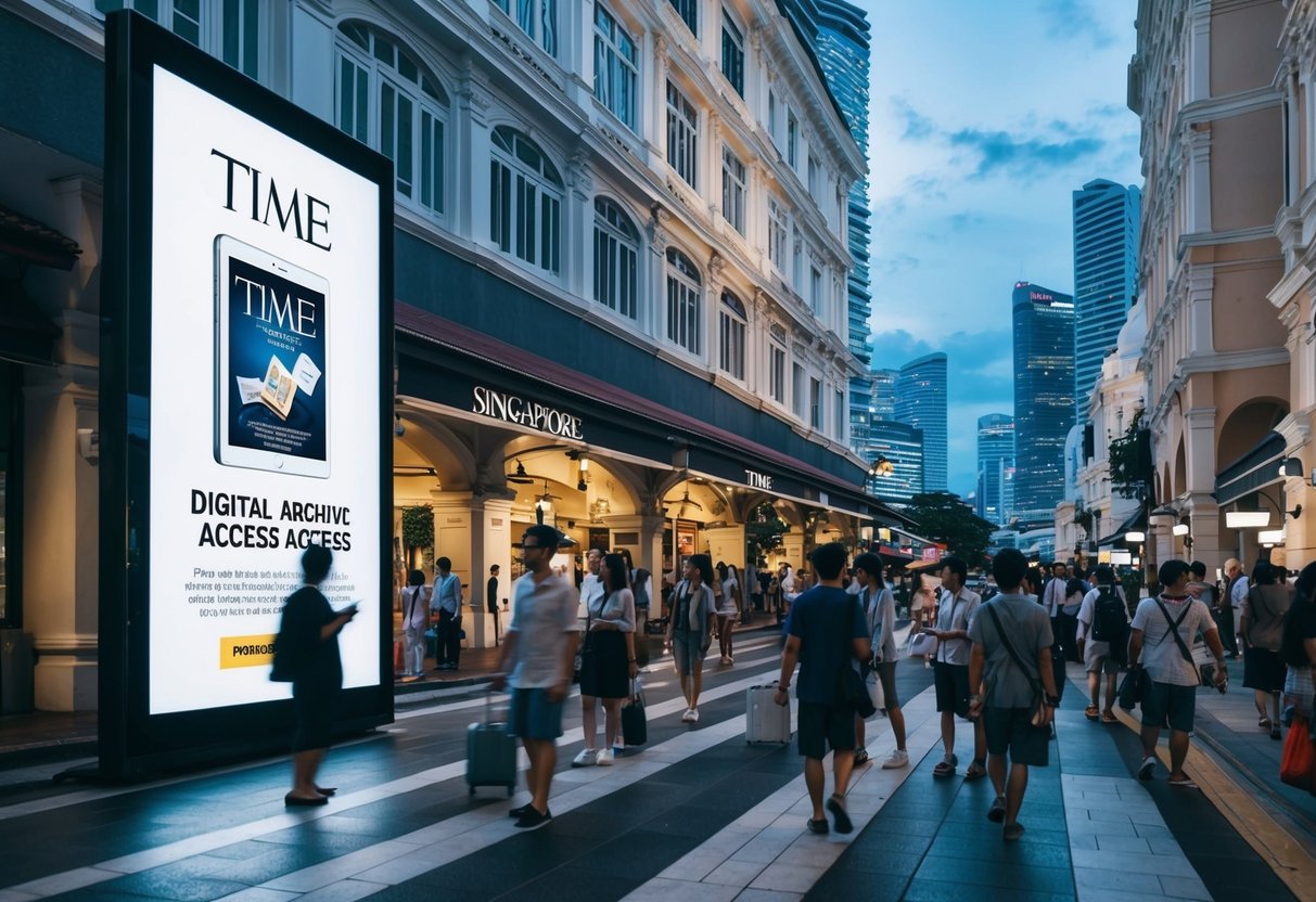 A bustling Singapore street with a digital archive access promotion for Time magazine displayed on a large screen