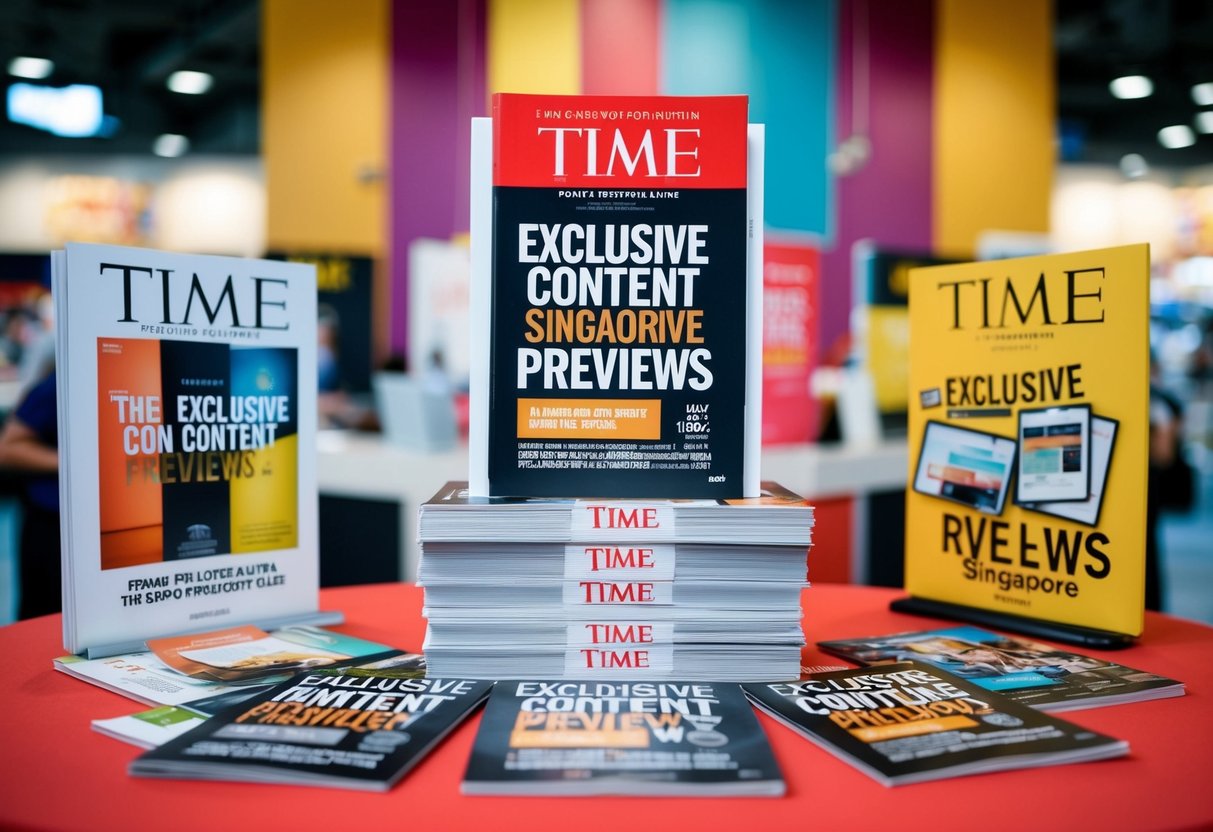A stack of Time magazines with "Exclusive Content Previews" displayed, surrounded by promotional materials, set in a vibrant Singapore backdrop