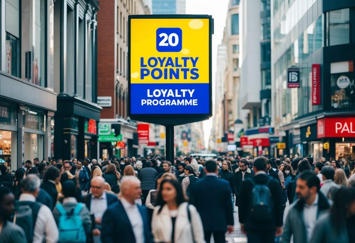 A crowded city street with a large digital billboard displaying the Loyalty Points Programme logo, surrounded by bustling shops and businesses