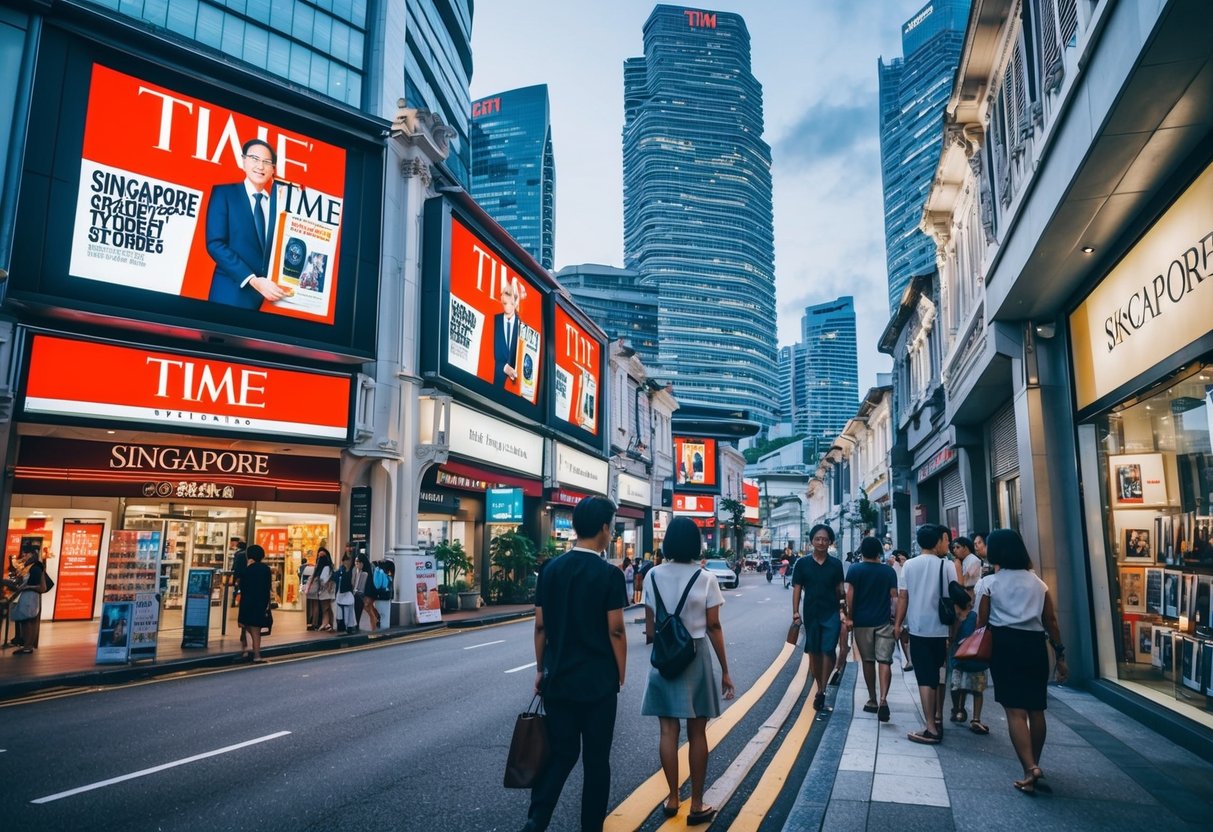 A bustling Singapore street with prominent Time Magazine promotions displayed on billboards and storefronts