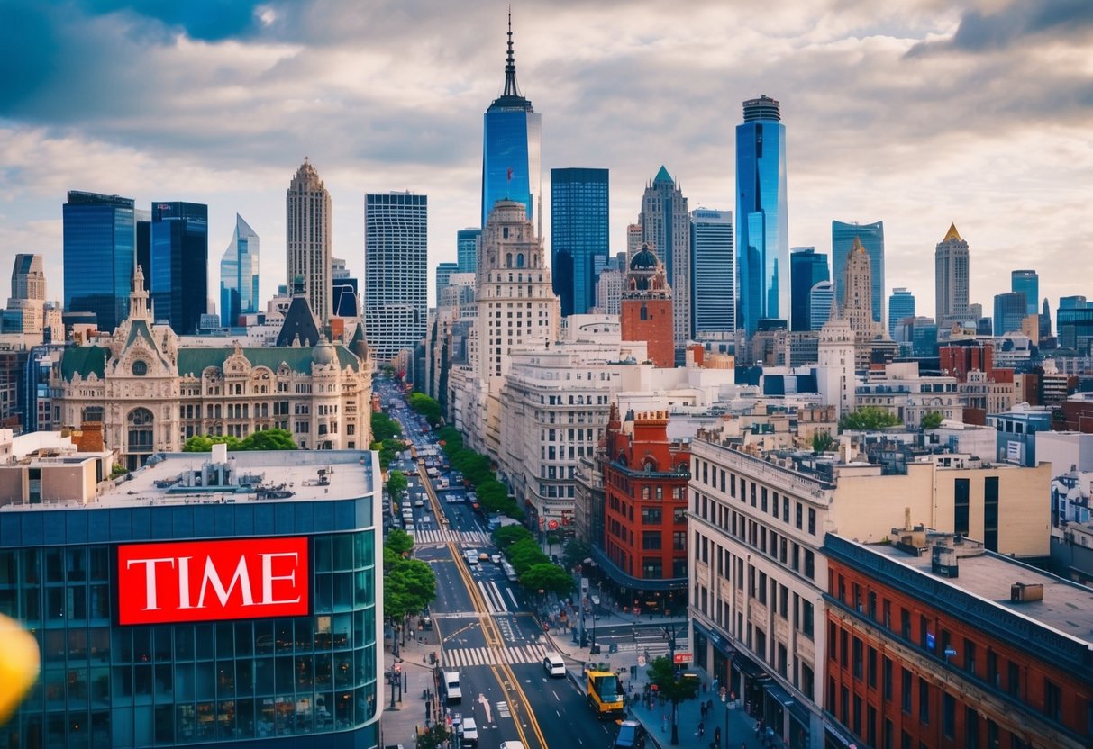 A vibrant cityscape with iconic landmarks and bustling streets, featuring prominent Time magazine branding and promotional materials