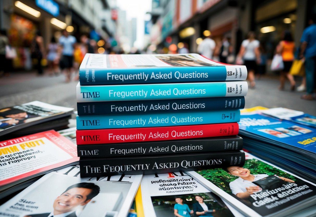 A stack of Time magazines with a "Frequently Asked Questions" section, surrounded by promotional materials, set in a bustling Singapore street