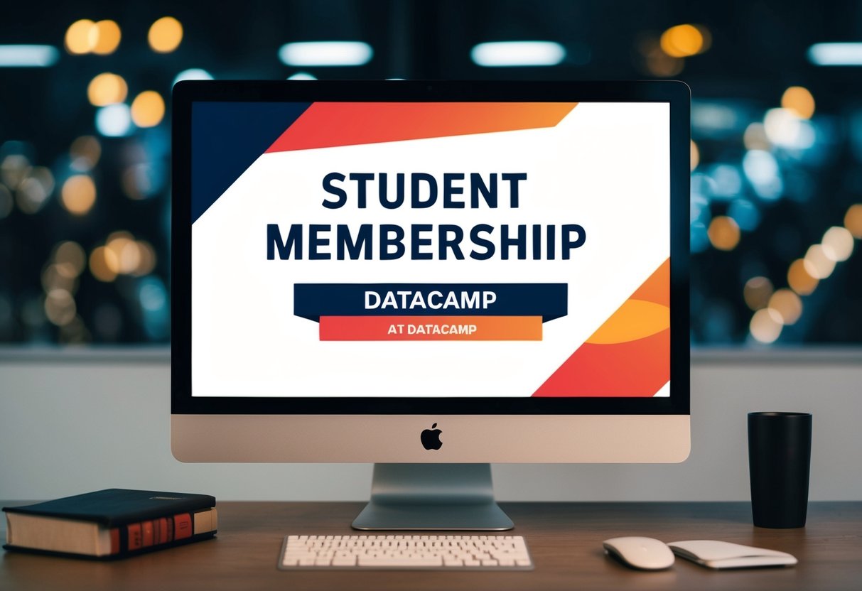A computer screen displaying a promotional offer for Student Membership at DataCamp, with a bold and eye-catching design