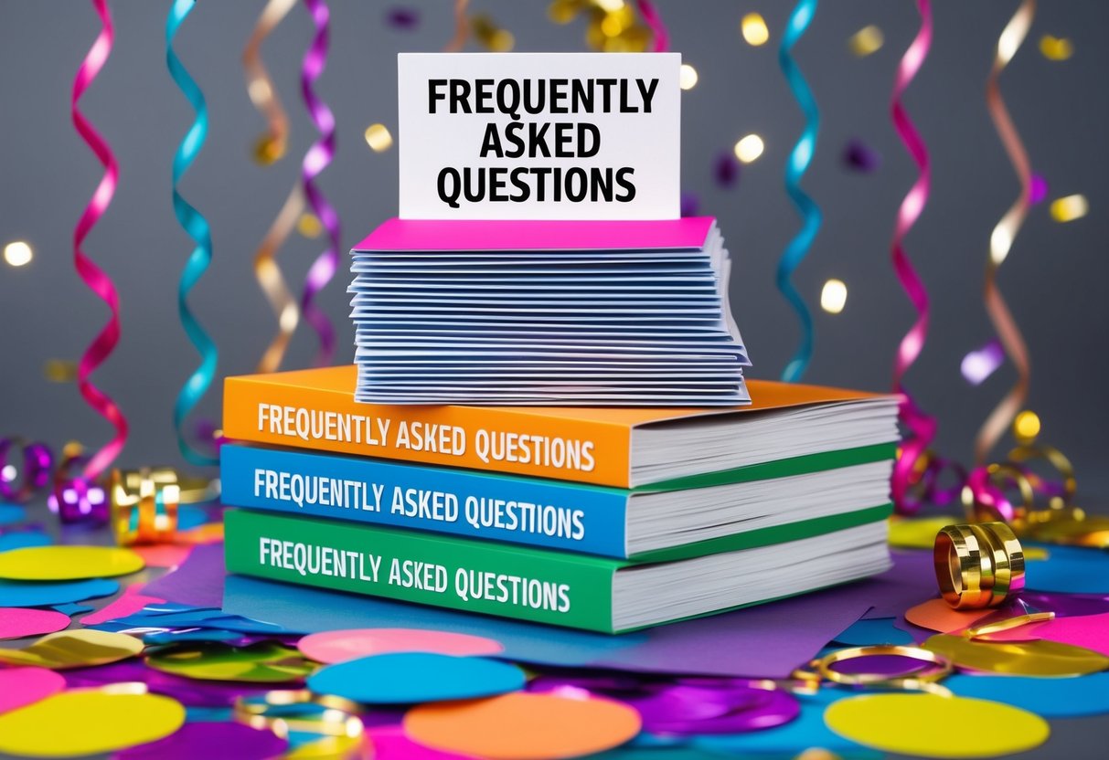 A stack of colorful promotional flyers with the words "Frequently Asked Questions" on top, surrounded by confetti and streamers