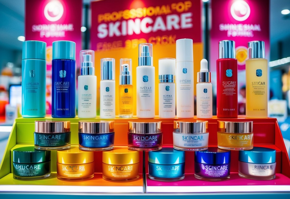 A colorful display of skincare products with vibrant signage and promotional banners