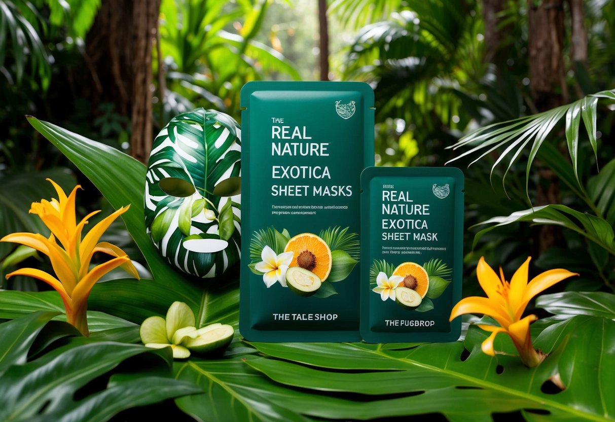 A lush jungle setting with vibrant tropical flora and fauna, showcasing The Face Shop's Real Nature Exotica sheet masks