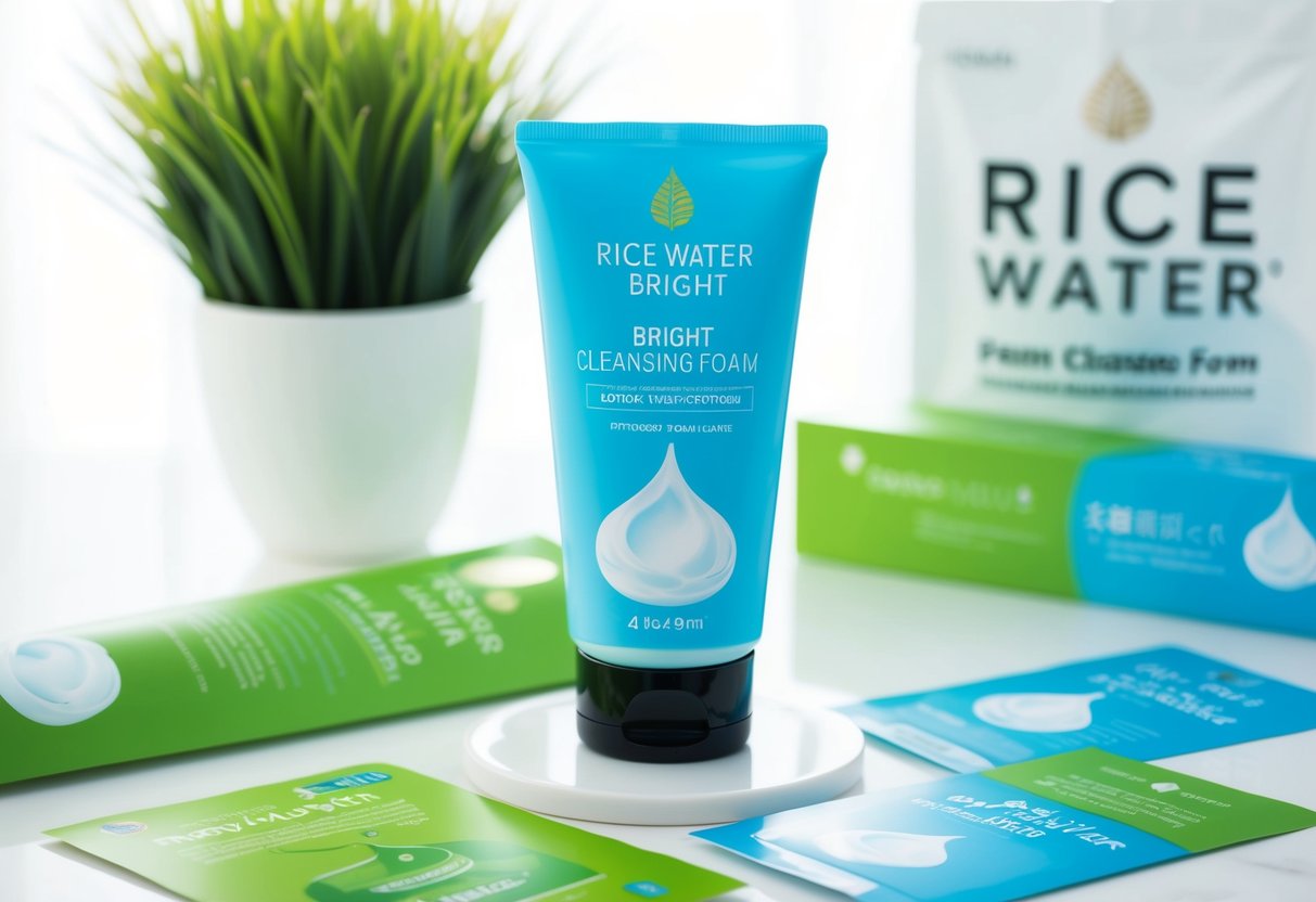 A tube of Rice Water Bright Cleansing Foam surrounded by promotional materials in a bright, clean setting