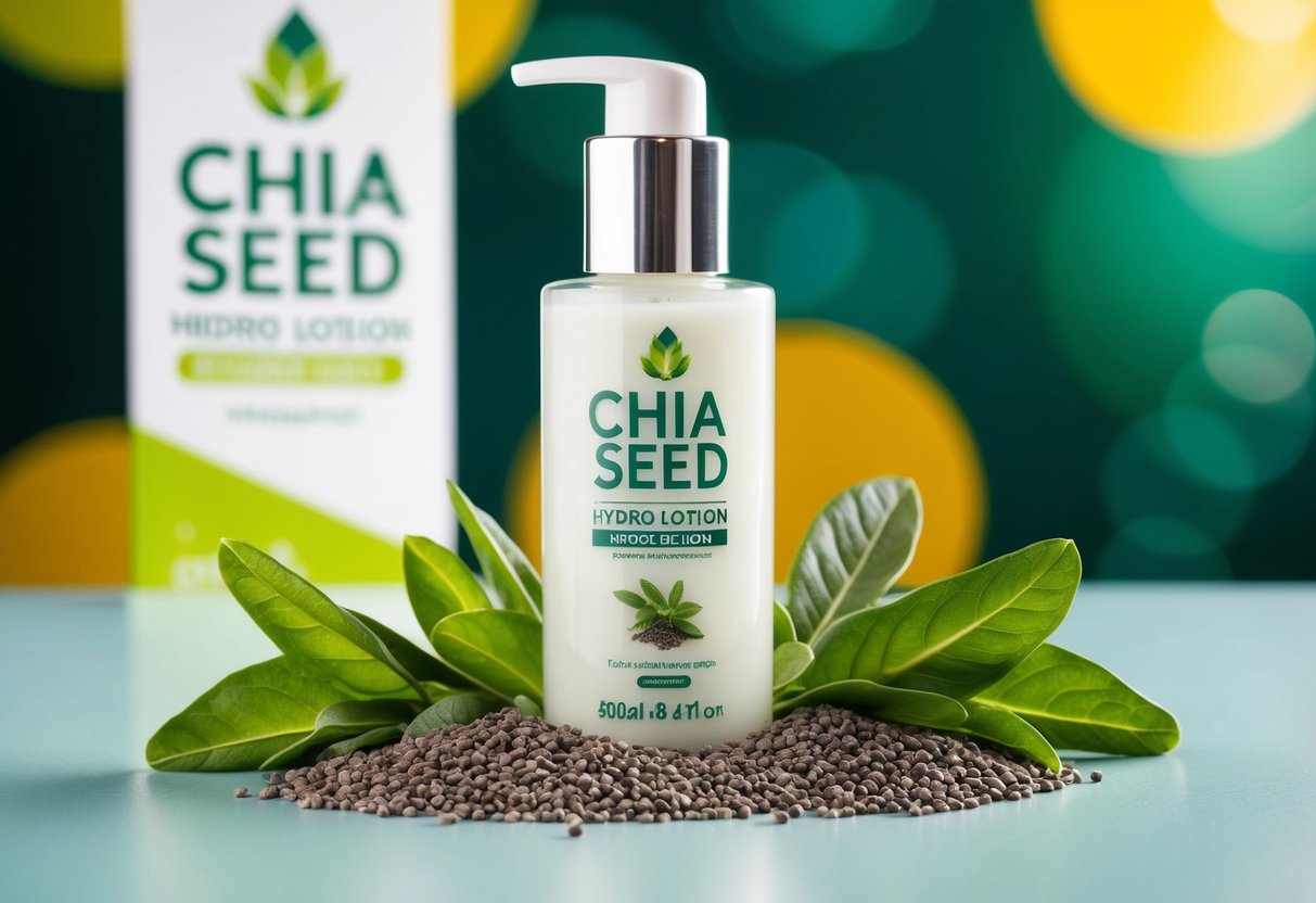A clear bottle of Chia Seed Hydro Lotion surrounded by fresh chia seeds and green leaves, with a promotional banner in the background