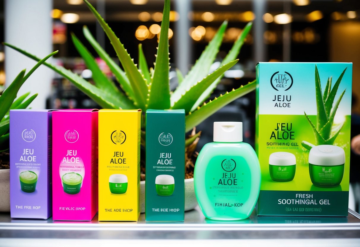A vibrant display of Jeju Aloe Fresh Soothing Gel by The Face Shop, with colorful promotional signs and lush aloe plants