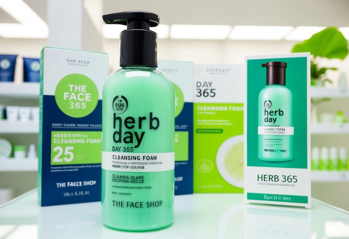 A bottle of Herb Day 365 Cleansing Foam by The Face Shop displayed with promotional materials in a bright, clean skincare store