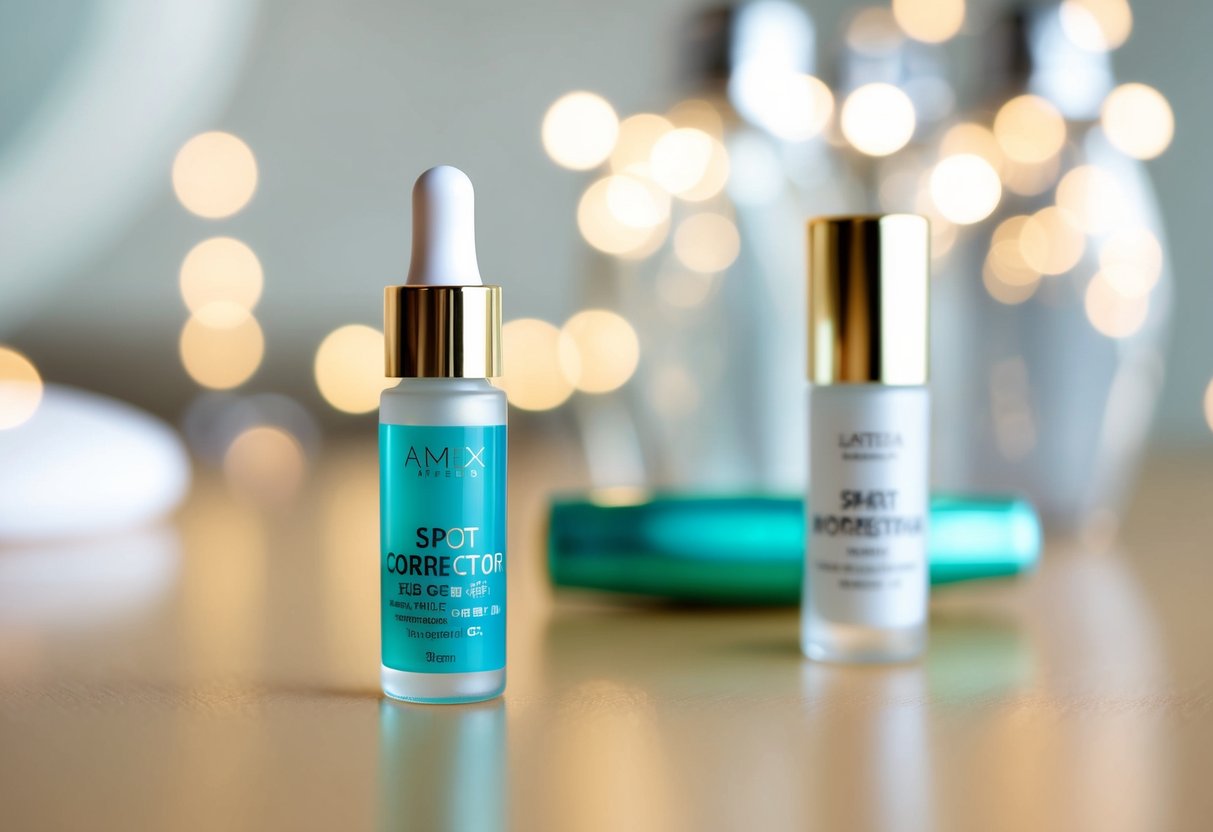 A clean, bright, and unblemished face with a small bottle of spot corrector in the foreground