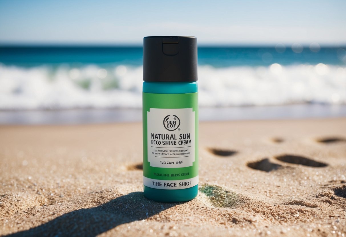 A sunny beach with a bottle of Natural Sun Eco No Shine Sun Cream by The Face Shop displayed prominently in the foreground