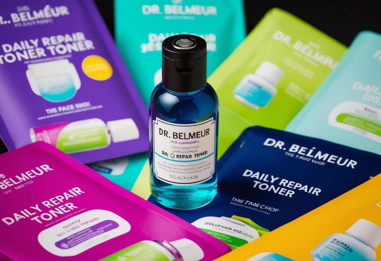 A bottle of Dr. Belmeur Daily Repair Toner surrounded by colorful promotional materials from The Face Shop