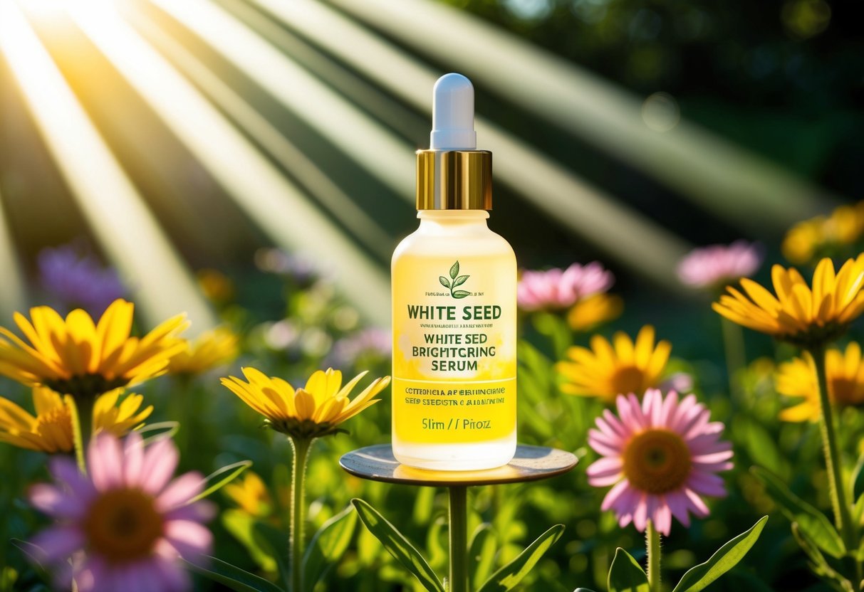 A glowing bottle of White Seed Brightening Serum stands amidst a garden of radiant flowers, with beams of sunlight illuminating the product
