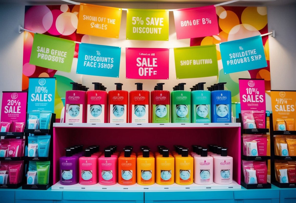 A vibrant display of The Face Shop products arranged on shelves with colorful banners and signs promoting various sales and discounts