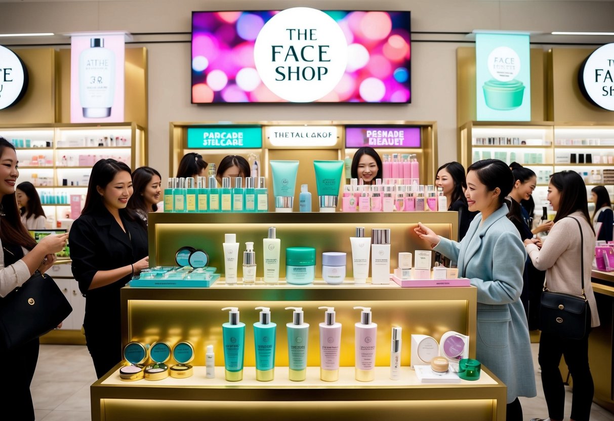 A colorful display of The Face Shop products with eye-catching promotional signs and banners. Shelves filled with skincare and beauty items, surrounded by happy customers browsing and selecting items