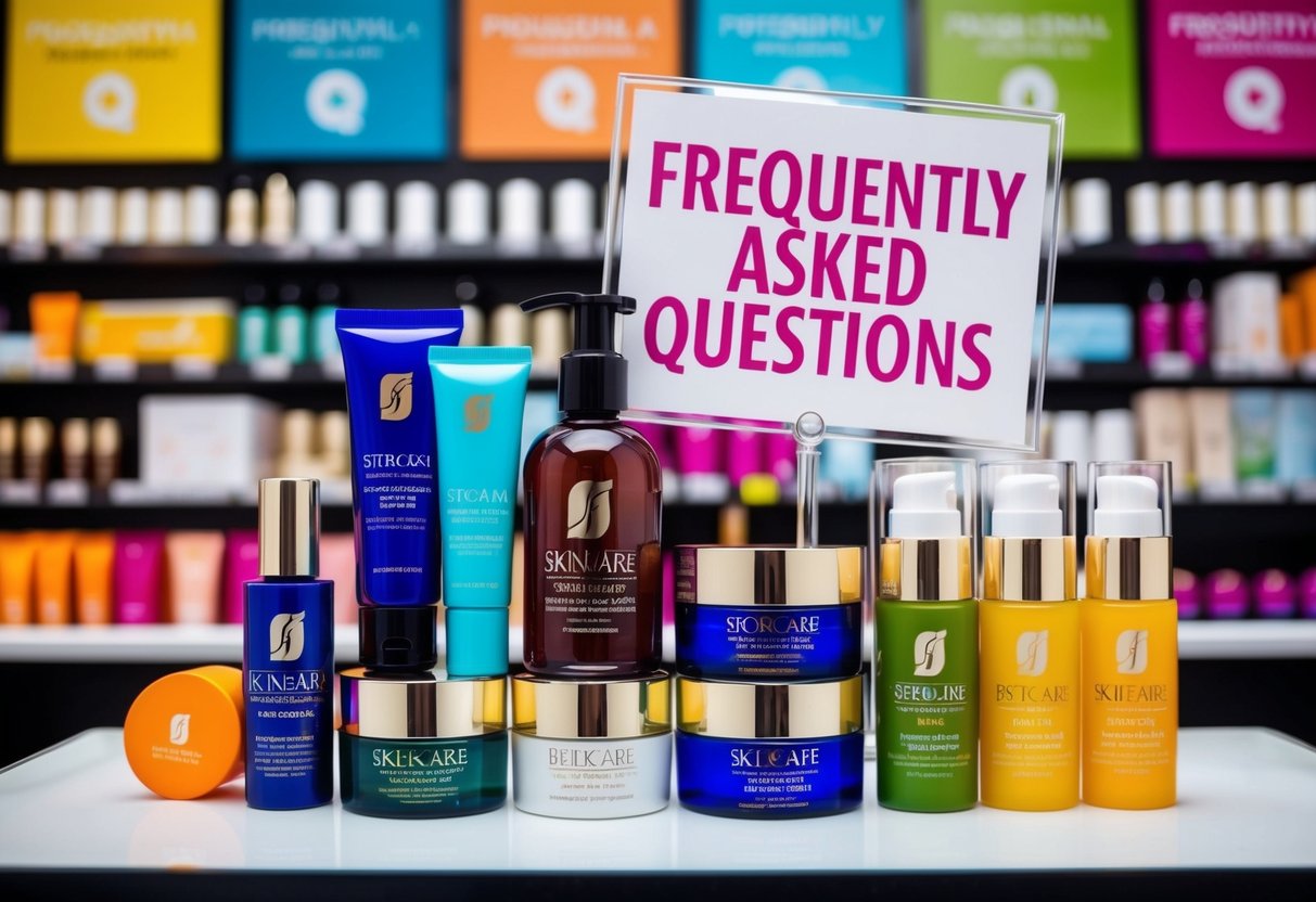 A colorful display of skincare products with a prominent "Frequently Asked Questions" sign and promotional banners