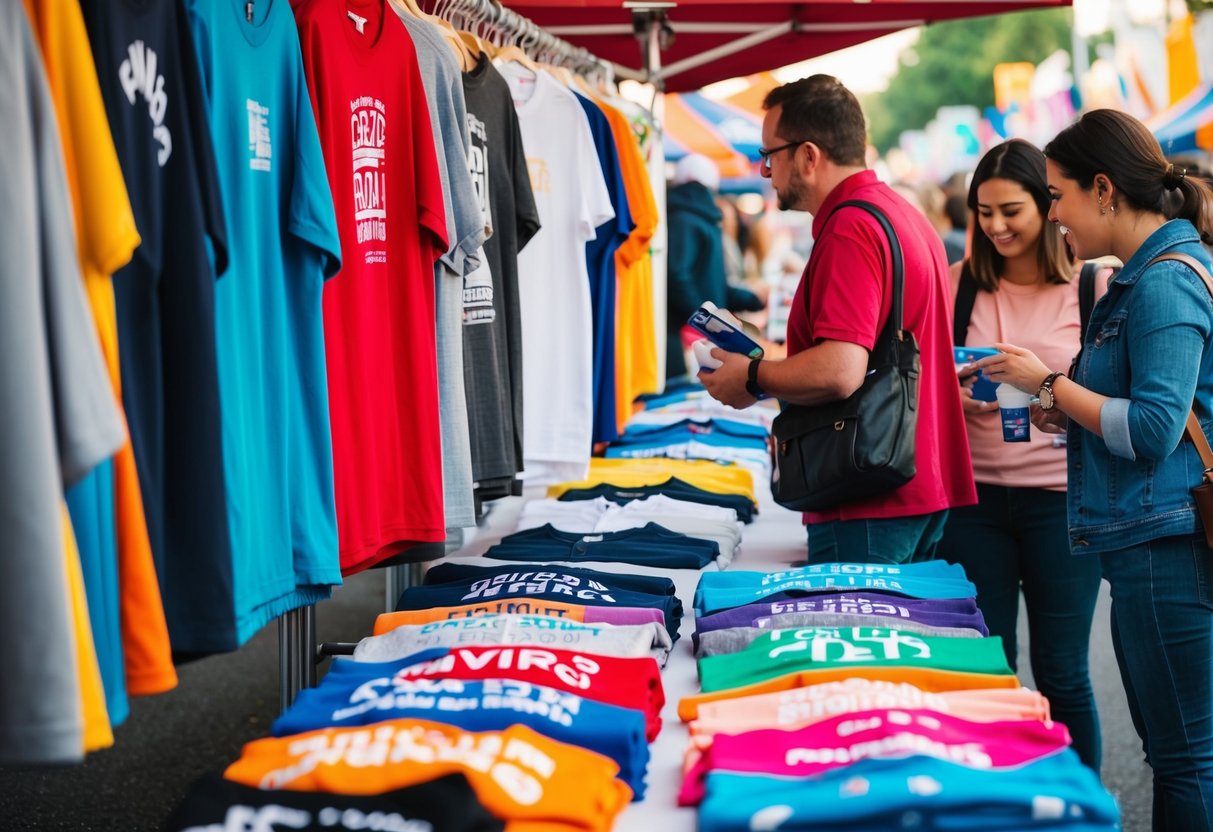 A colorful array of t-shirts and merchandise displayed on a table at a bustling street fair, with people browsing and chatting with the vendor