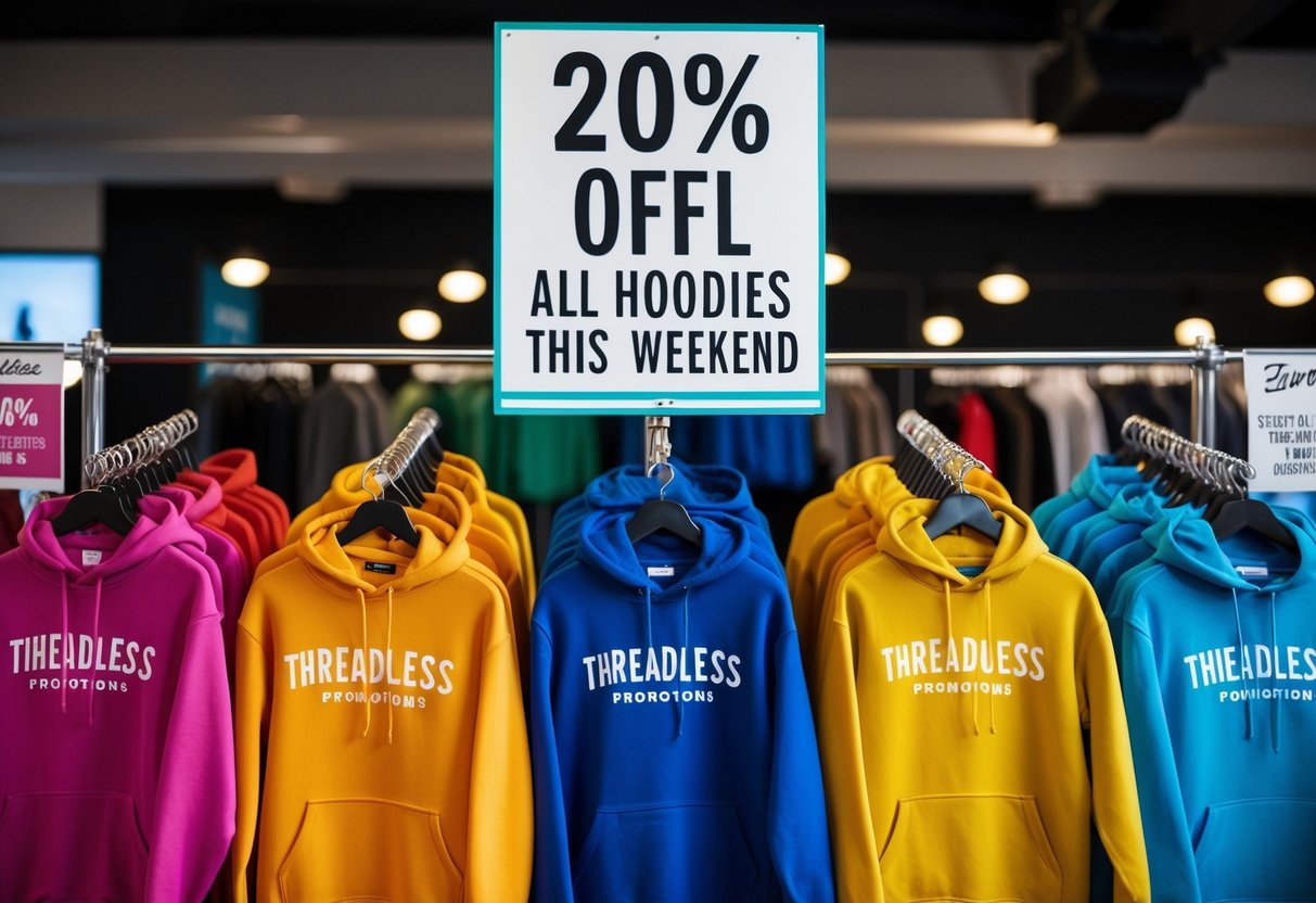 A colorful display of various hoodies with a "20% Off All Hoodies This Weekend" sign above them at a Threadless promotions event