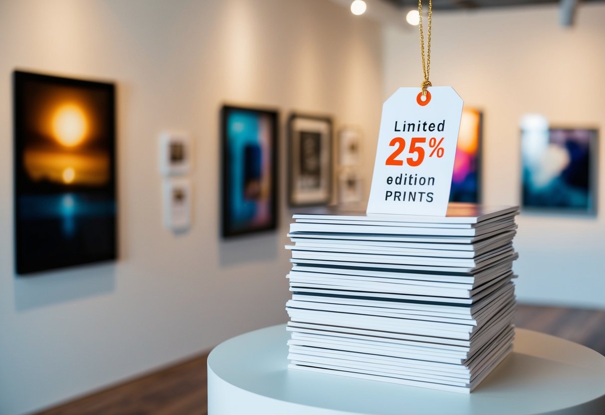 A stack of limited edition prints with a 25% discount tag displayed in a gallery setting