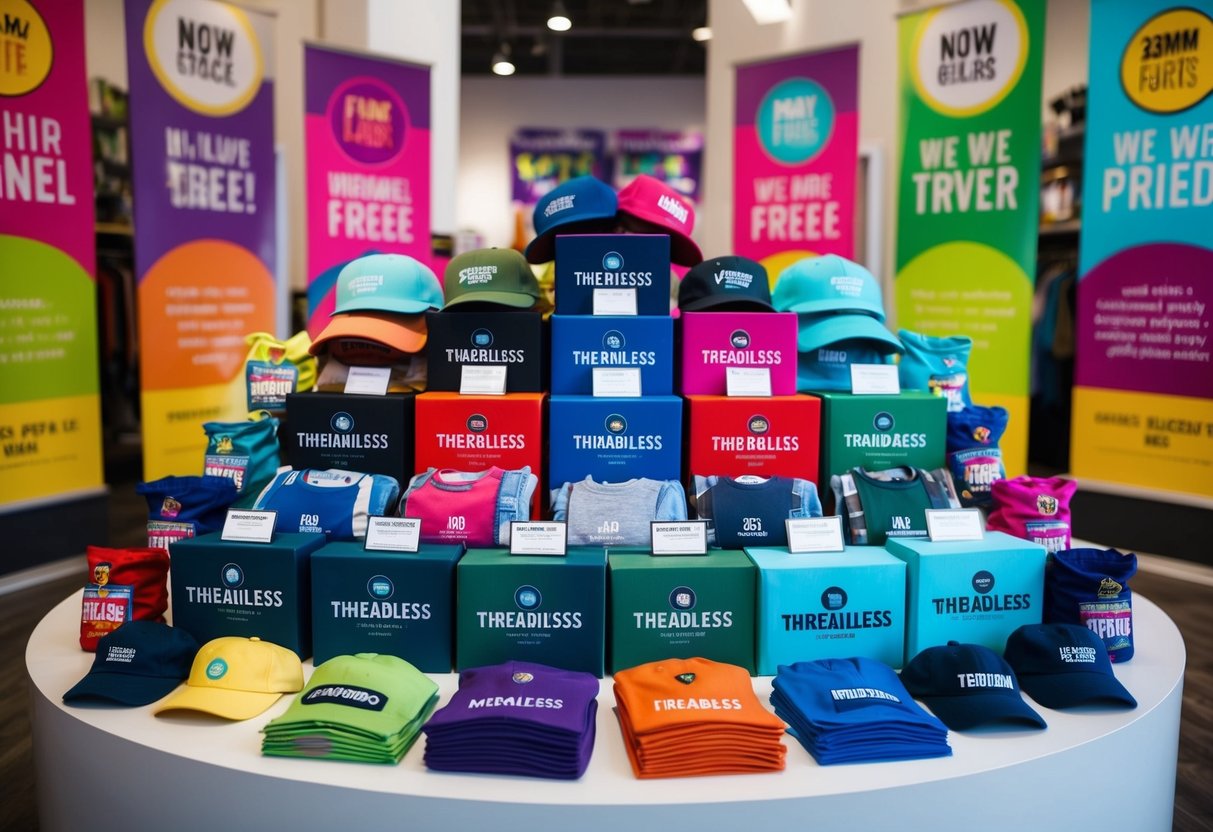 A colorful array of Threadless merchandise arranged in a creative display, surrounded by vibrant promotional banners and signs