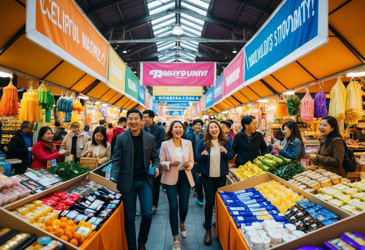 A vibrant, bustling marketplace with colorful banners and excited customers browsing through a variety of products on display
