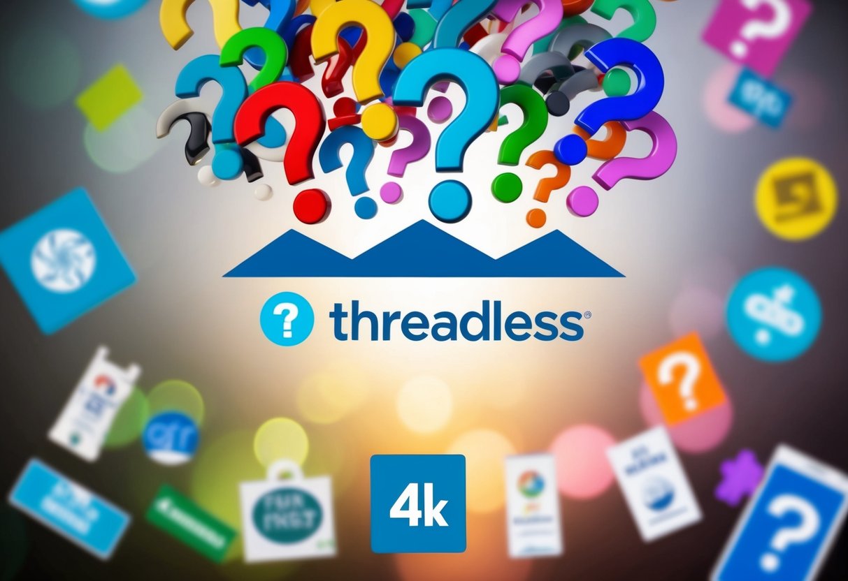 A colorful array of question marks floating above a threadless logo, surrounded by various promotional items and symbols