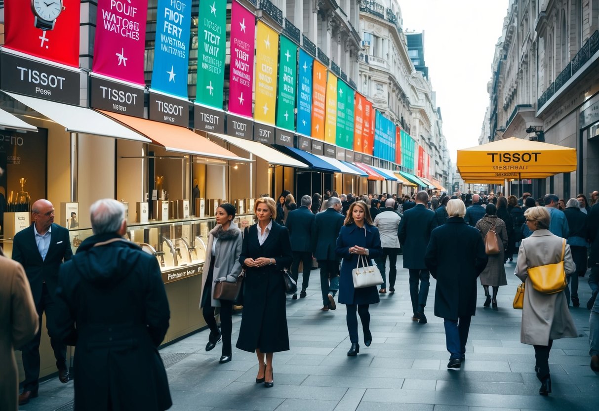 A crowded city street with colorful banners and signs promoting Tissot watches. Pedestrians walk by, some stopping to look at the displays