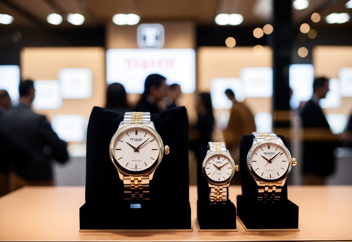 A watch display featuring Tissot Lovely Square models with promotional signage