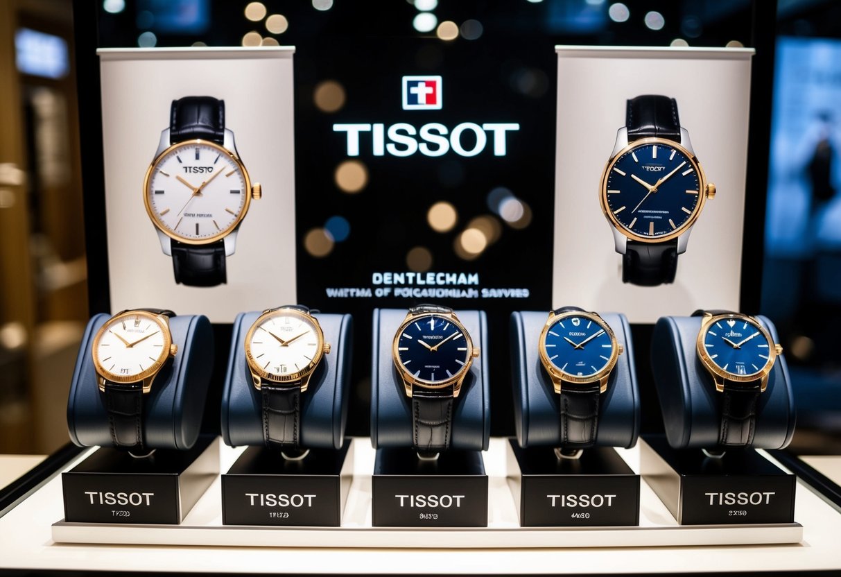 A display of Tissot Gentleman watches on sale, with promotional signs and banners