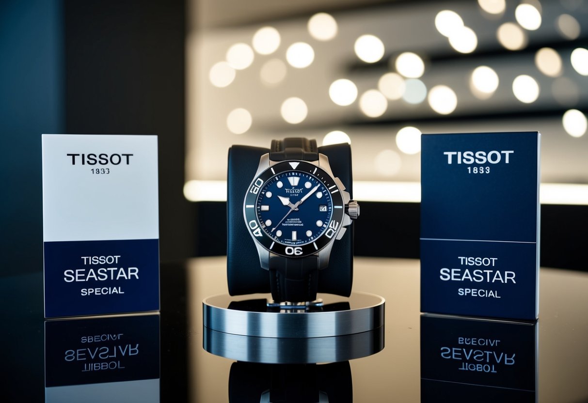 A Tissot Seastar Special watch displayed with promotional materials in a sleek, modern setting