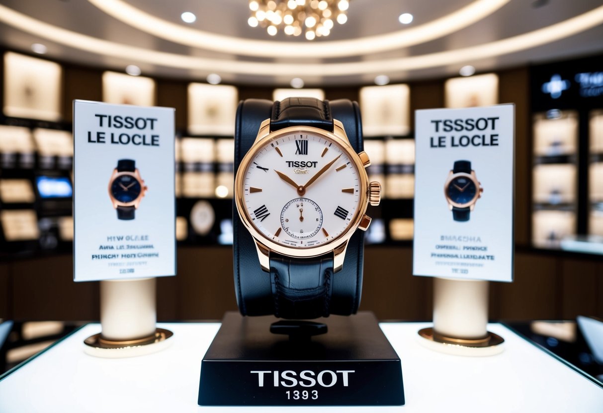 A Tissot Le Locle watch displayed with promotional signage in a luxurious retail setting