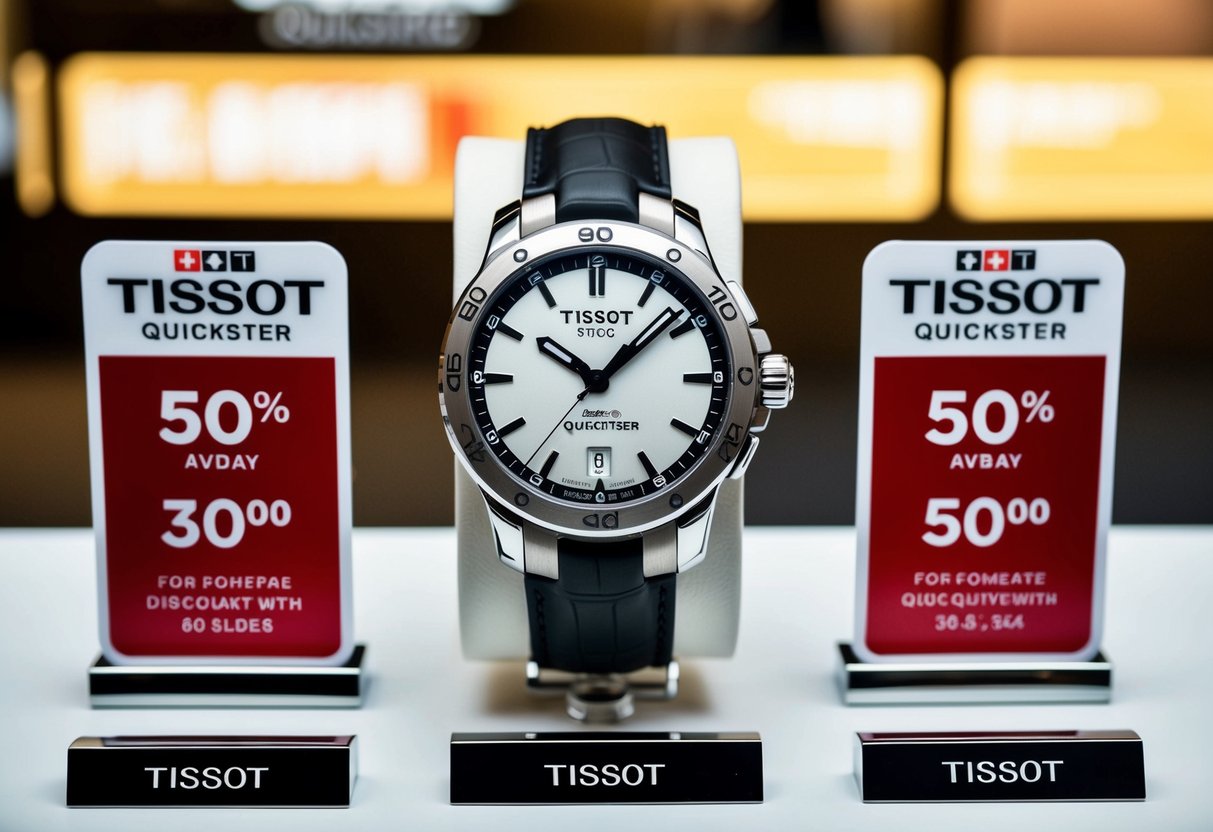 A sleek Tissot Quickster watch displayed with promotional signs and discounts