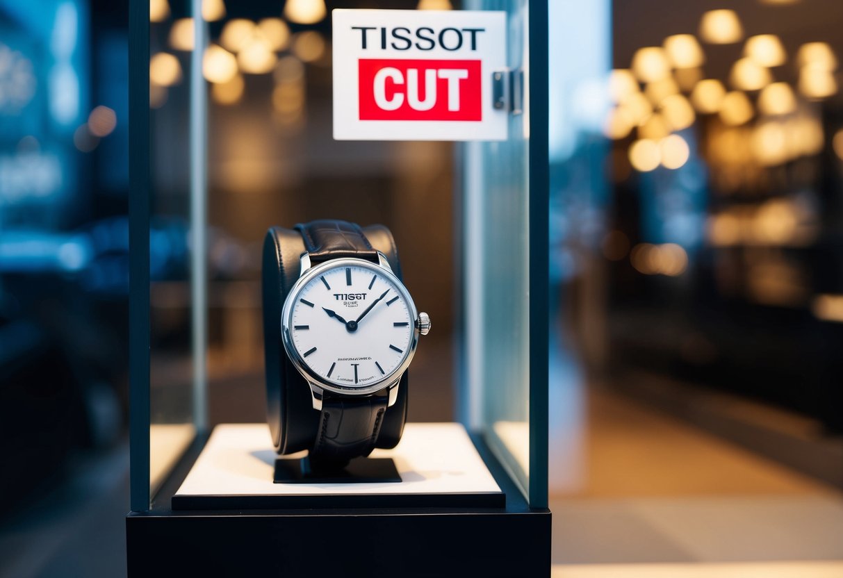 A sleek Tissot Heritage watch displayed with a prominent price cut sign in a stylish, well-lit store window
