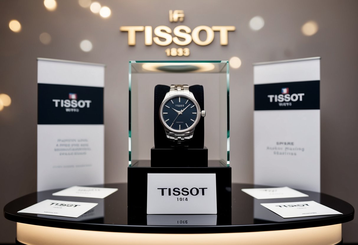 A sleek Tissot watch displayed on a pedestal, surrounded by elegant branding materials and subtle lighting