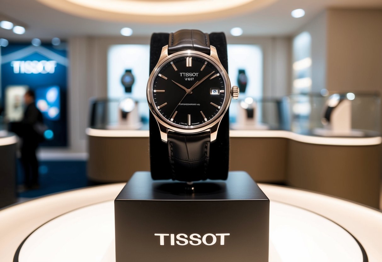 A luxurious Tissot watch displayed on a sleek, modern pedestal in a well-lit, upscale retail environment