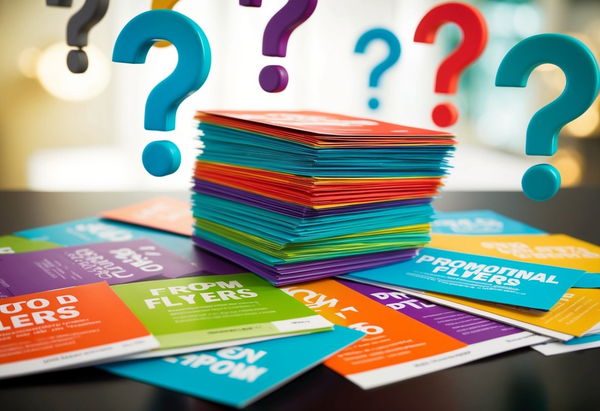 A stack of colorful promotional flyers surrounded by question marks
