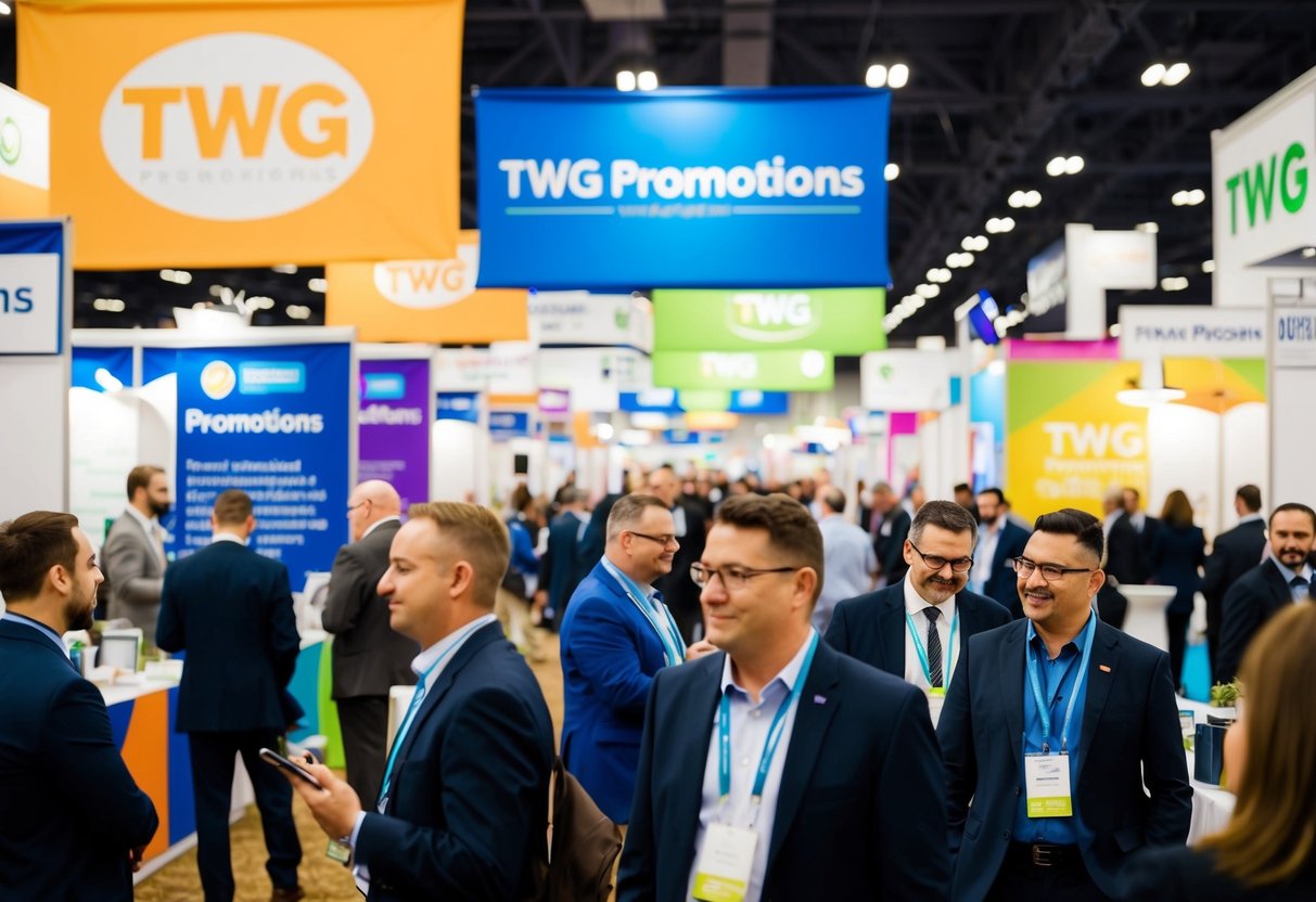 A bustling trade show with TWG Promotions banners, colorful booths, and engaged attendees
