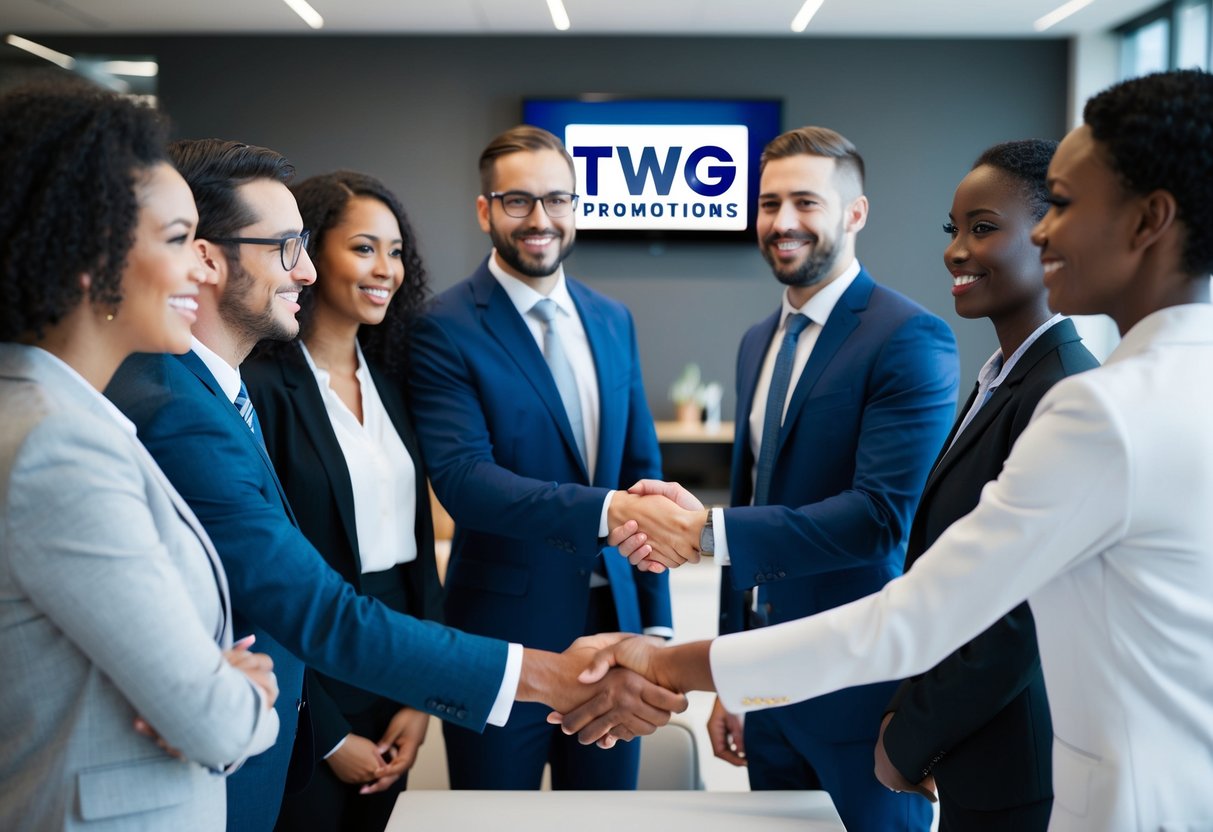 A group of diverse professionals shaking hands in a modern office setting, with TWG Promotions logo displayed prominently in the background