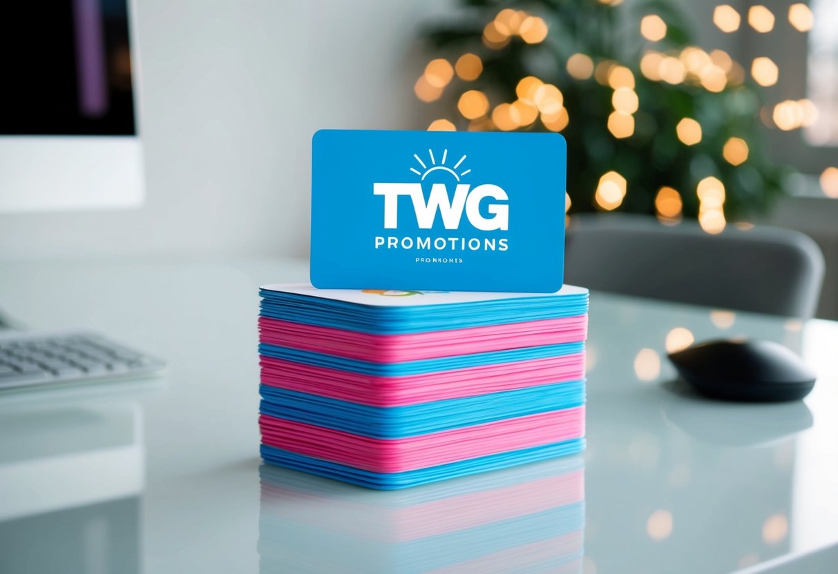 A stack of colorful FAQ cards with the TWG Promotions logo on a clean, modern desk