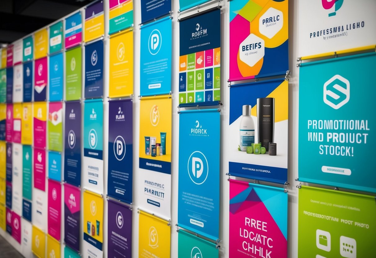 A colorful and vibrant display of various promotional materials, including banners, logos, and product images, arranged in an eye-catching and organized manner