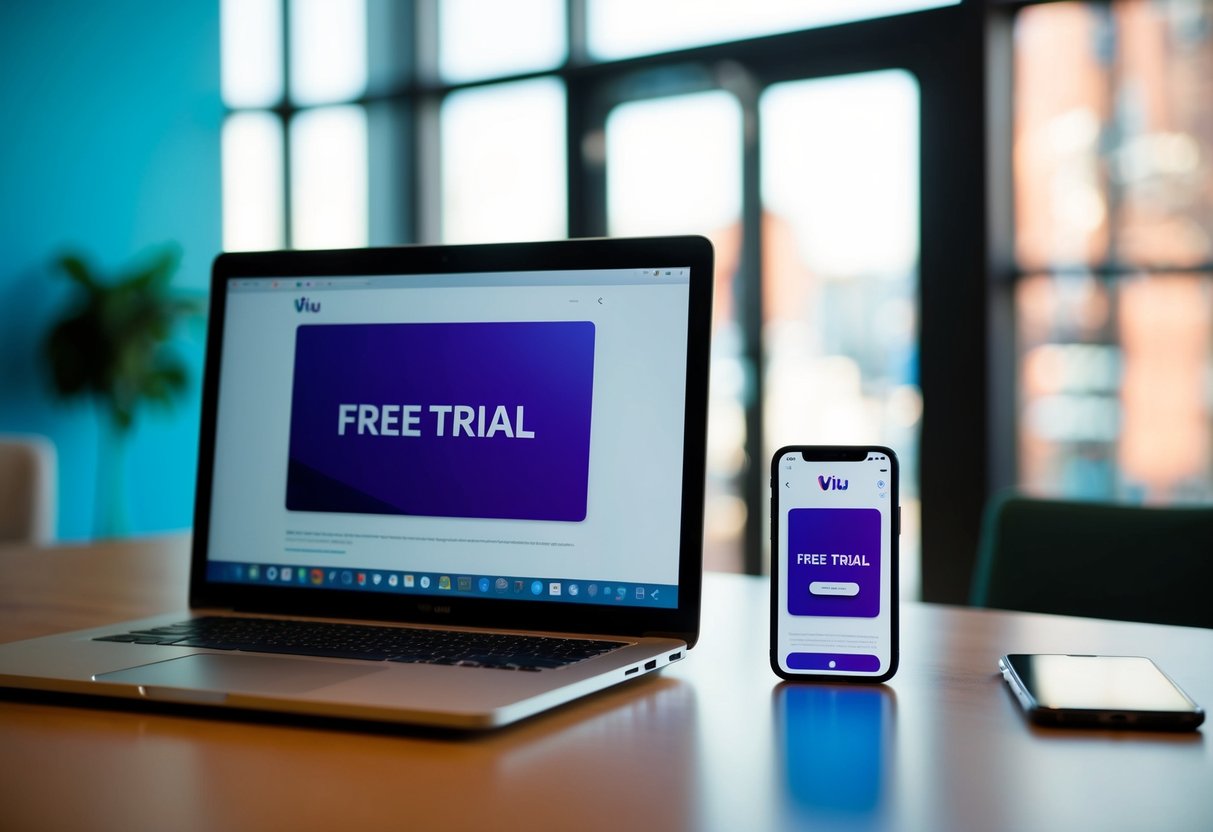 A laptop and smartphone displaying Viu app with a "Free Trial" banner