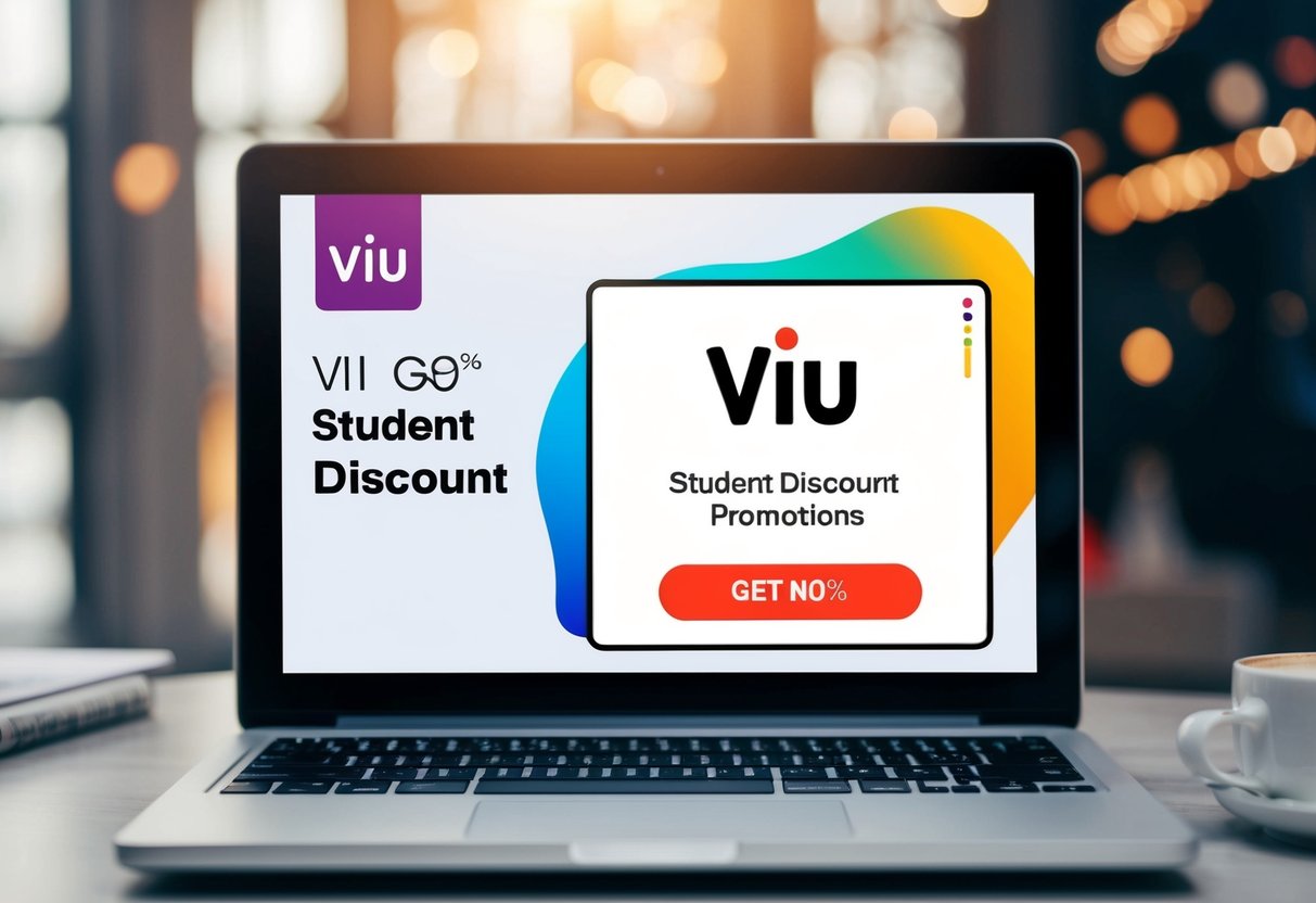 A laptop displaying Viu Student Discount promotions with a discount code and a Viu logo on the screen