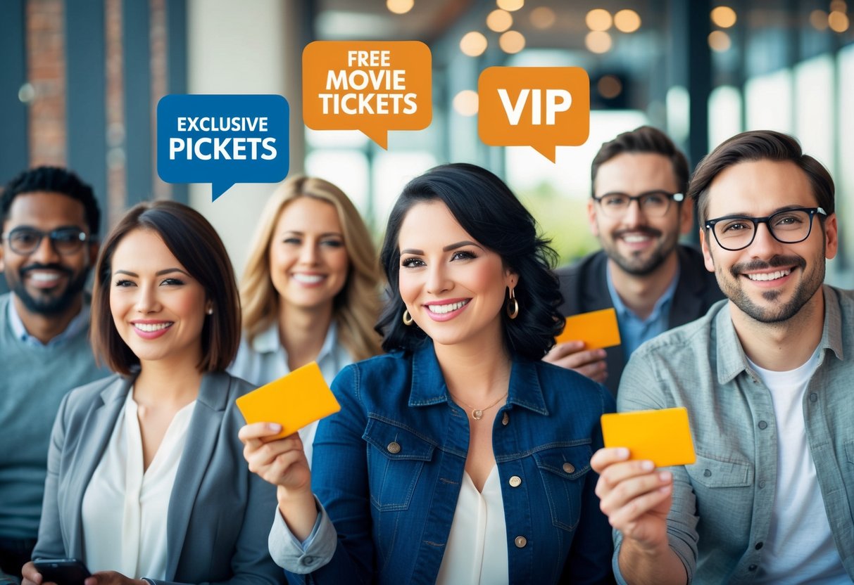 Customers enjoying exclusive perks: free movie tickets, VIP access, and special discounts at various partner establishments