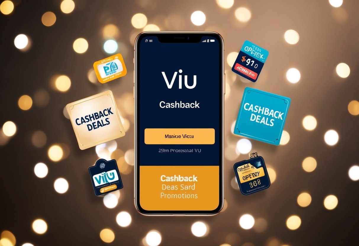 A smartphone with the Viu app open, surrounded by various items symbolizing cashback deals and promotions