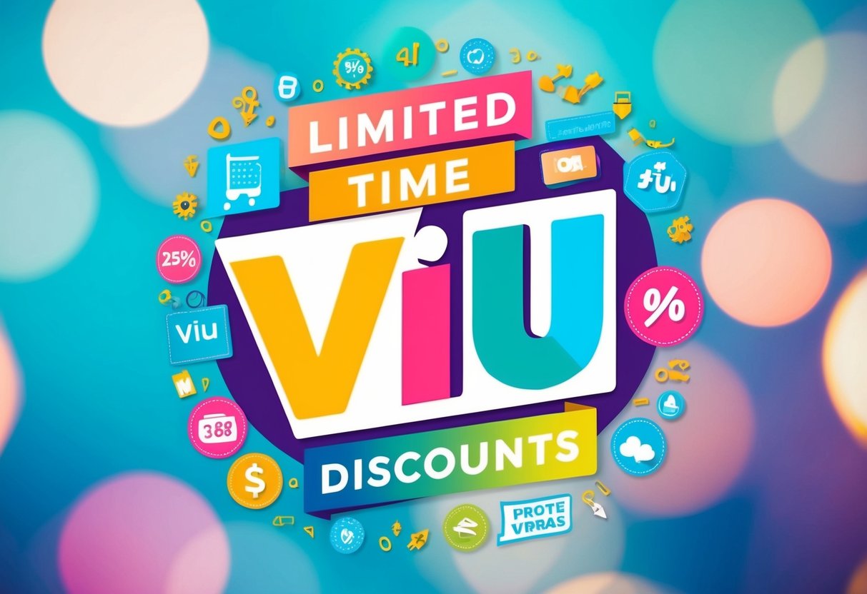 A colorful banner with the words "Limited-time Viu Discounts" surrounded by various promotional elements and symbols