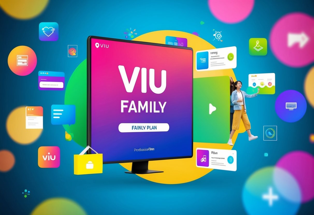 A colorful promotional banner for the Viu Family Plan displayed on a digital screen, surrounded by vibrant graphics and icons