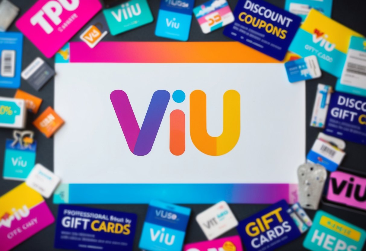 A colorful banner with the Viu logo displayed prominently, surrounded by various promotional items such as discount coupons and gift cards