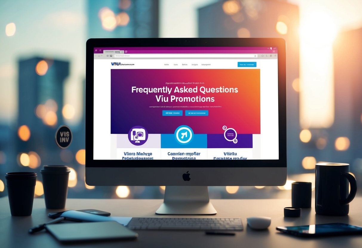 A computer screen displaying a webpage with the title "Frequently Asked Questions viu promotions," surrounded by various promotional items and symbols